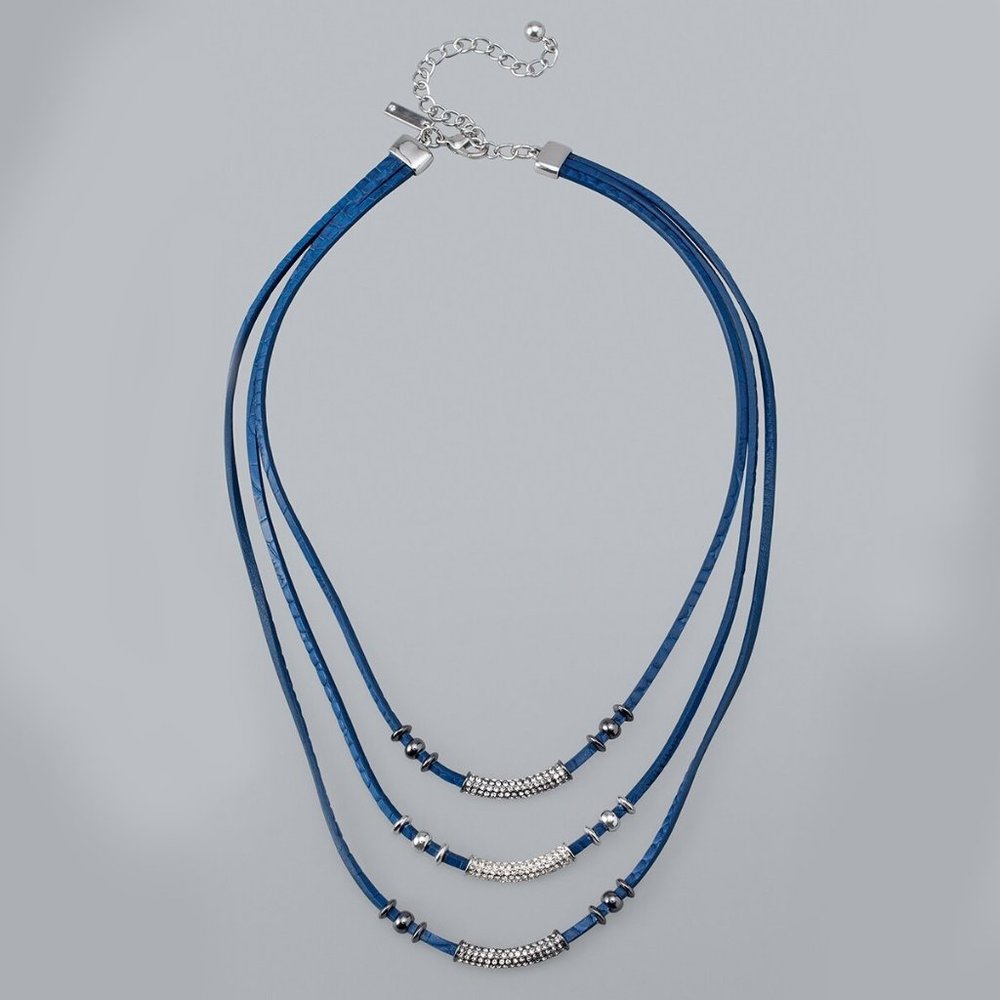WHBM * GENUINE Leather * Triple Strand Blue And Pavé Necklace